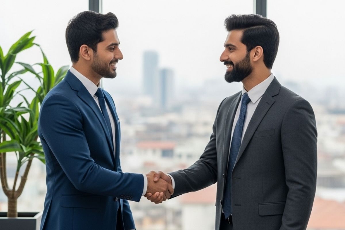 Business professionals shaking hands in a modern office