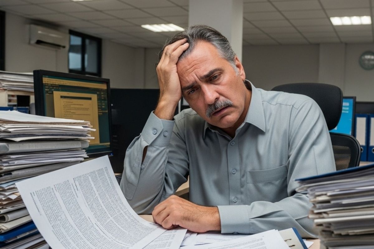 Professional reviewing documents on a laptop